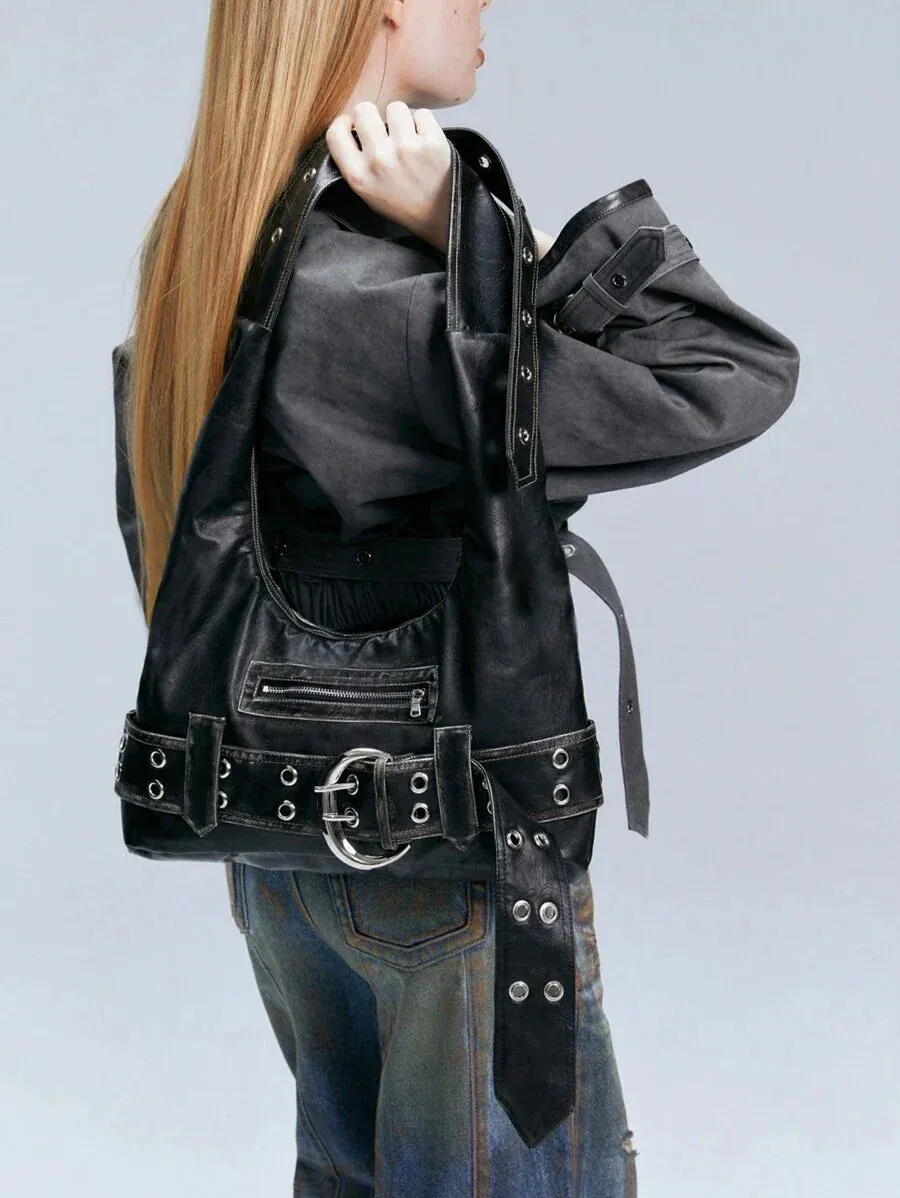 Rebel Luxe Distressed Buckle Hobo Bag