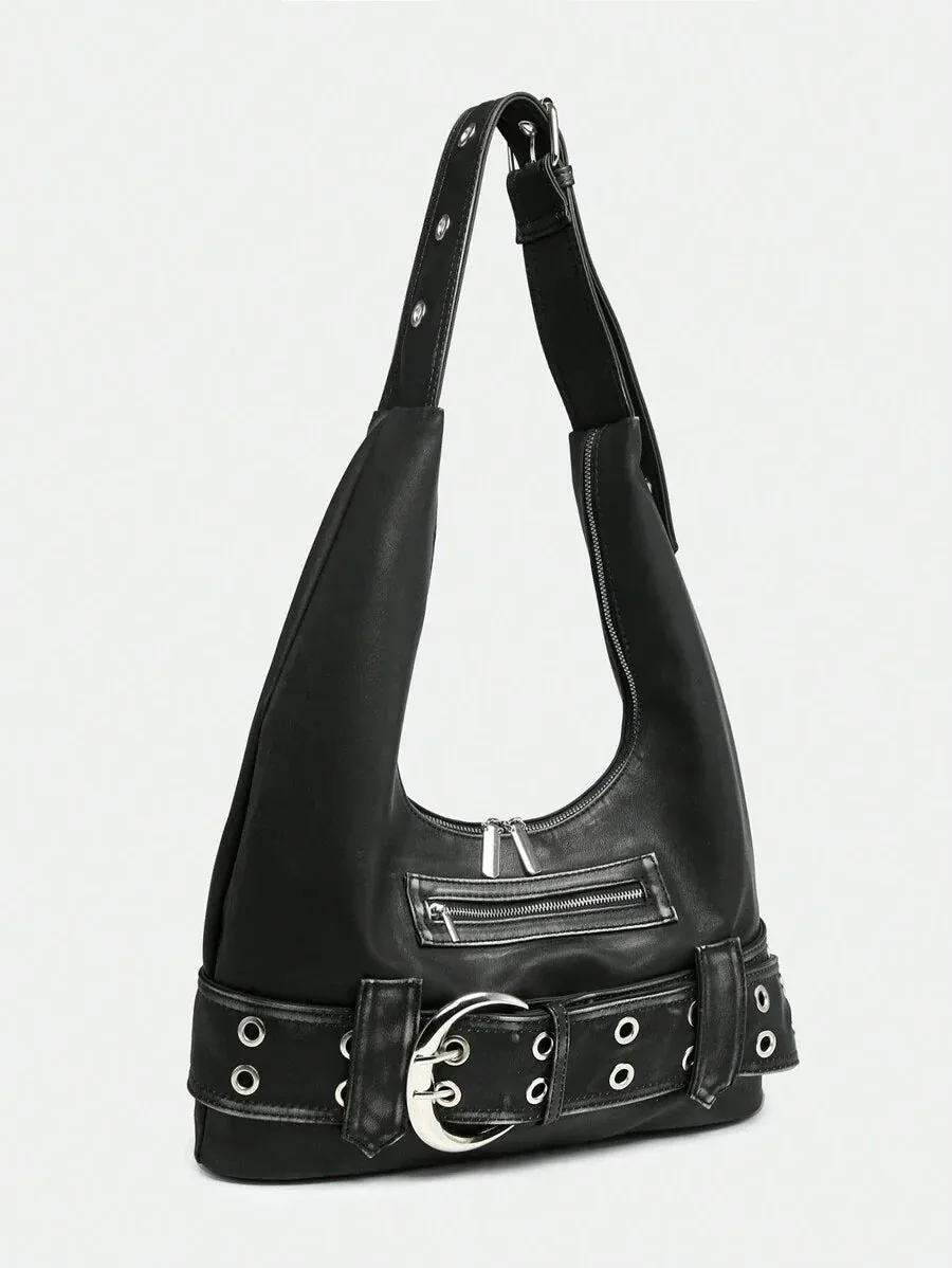 Rebel Luxe Distressed Buckle Hobo Bag
