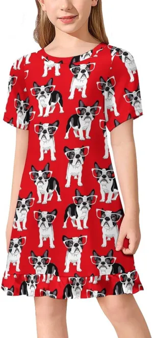 Red French Bulldog Girls' Short Sleeve Summer Dress Kids Crewneck Loose Casual Dresses 150CM