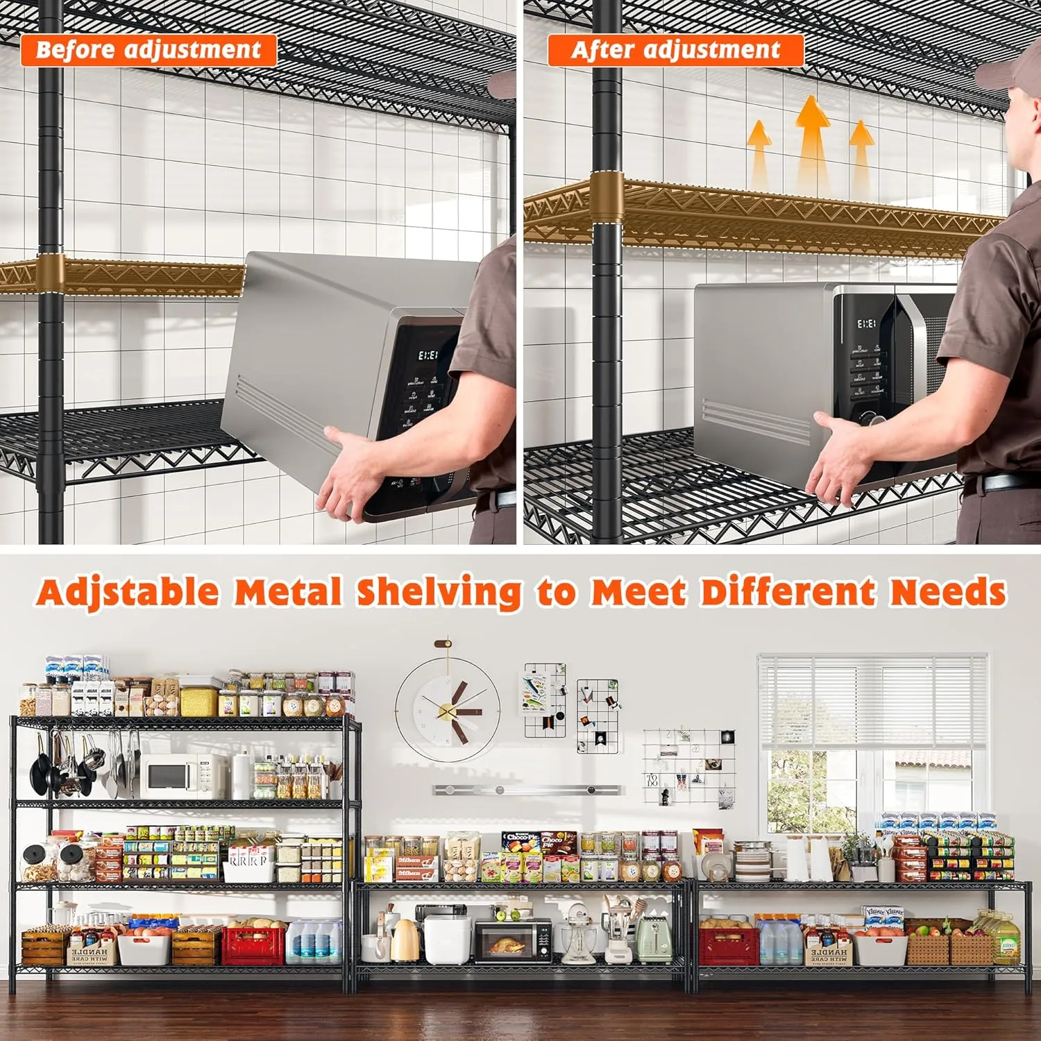 REIBII 60" W Storage Shelves 3000LBS Wire Shelving Unit with Wheels Heavy Duty Metal Shelving Adjustable Metal Shelves for Pantry,Kitchen,Garage,Basement,Business,Warehouse,60”W ×24”D×65.3”H