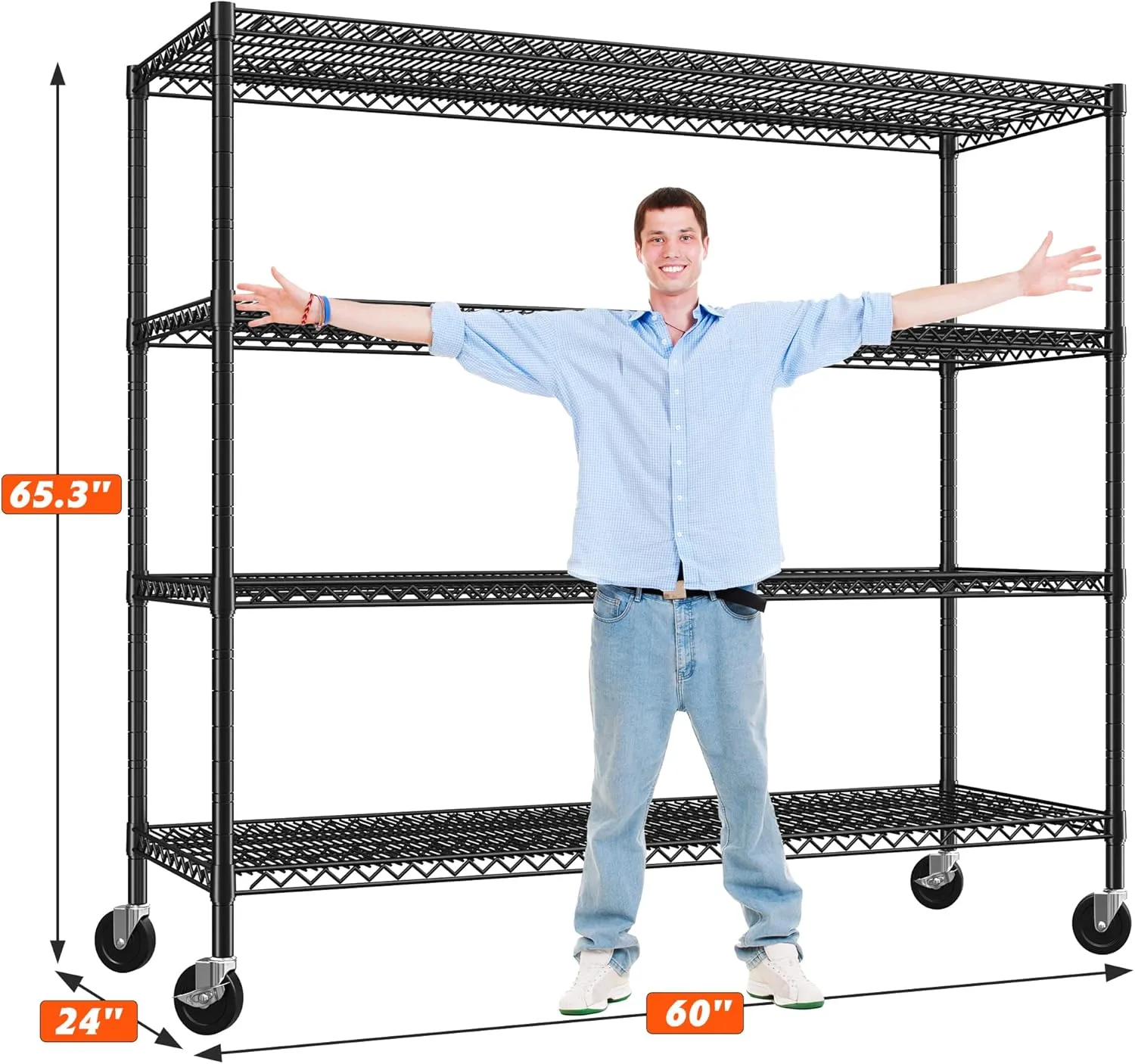 REIBII 60" W Storage Shelves 3000LBS Wire Shelving Unit with Wheels Heavy Duty Metal Shelving Adjustable Metal Shelves for Pantry,Kitchen,Garage,Basement,Business,Warehouse,60”W ×24”D×65.3”H