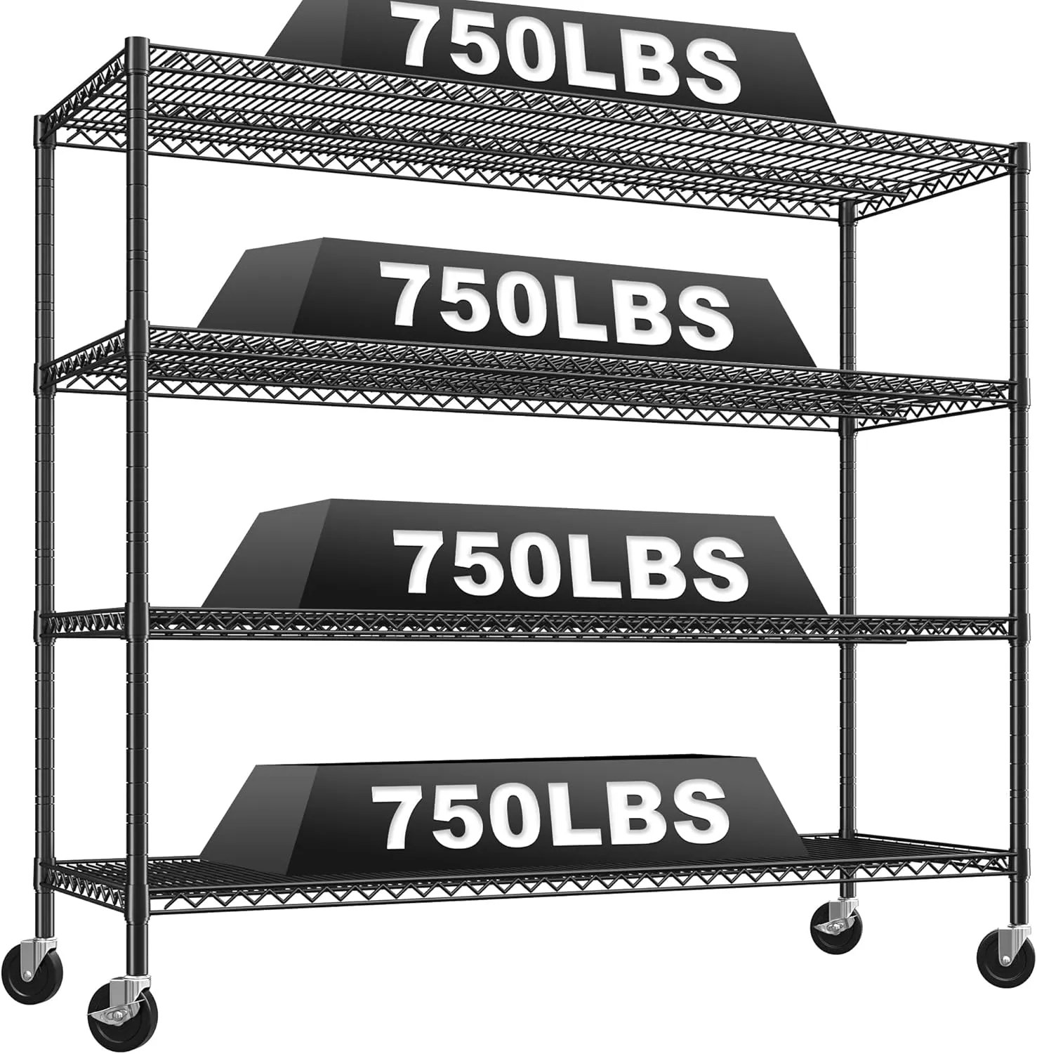REIBII 60" W Storage Shelves 3000LBS Wire Shelving Unit with Wheels Heavy Duty Metal Shelving Adjustable Metal Shelves for Pantry,Kitchen,Garage,Basement,Business,Warehouse,60”W ×24”D×65.3”H