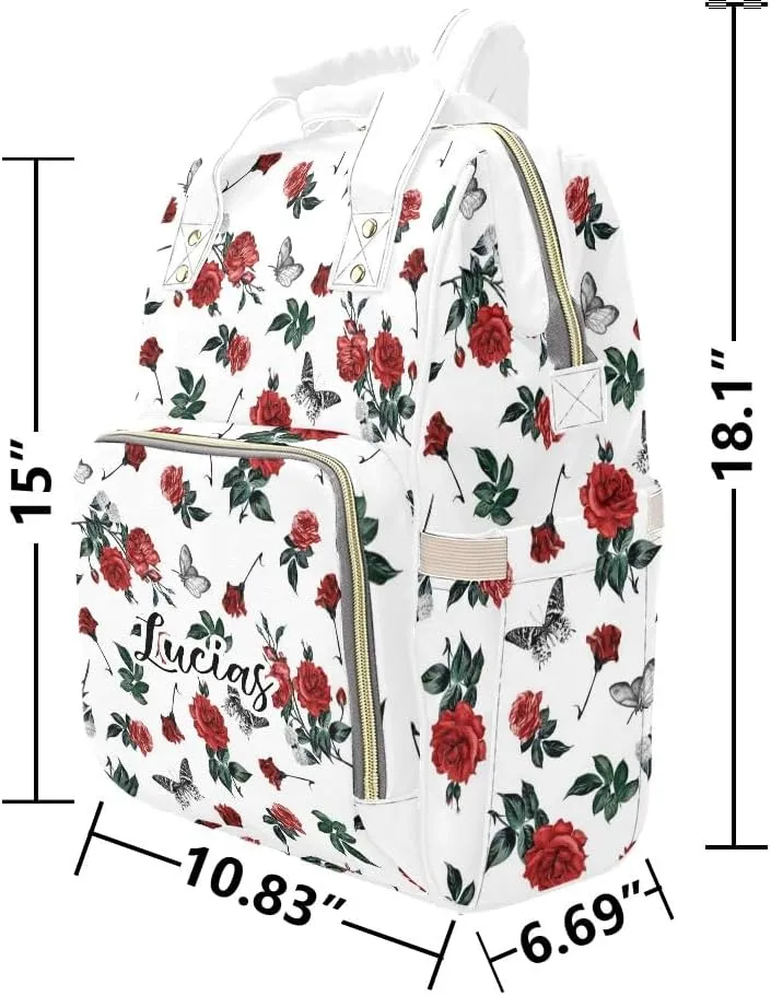 Retro Rose Butterfly Personalized Diaper Bag,Custom Name Large Capacity Diaper Backpack Travel Casual Daypack Nappy Bag Gifts