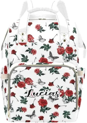Retro Rose Butterfly Personalized Diaper Bag,Custom Name Large Capacity Diaper Backpack Travel Casual Daypack Nappy Bag Gifts