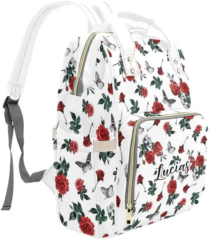 Retro Rose Butterfly Personalized Diaper Bag,Custom Name Large Capacity Diaper Backpack Travel Casual Daypack Nappy Bag Gifts