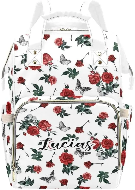 Retro Rose Butterfly Personalized Diaper Bag,Custom Name Large Capacity Diaper Backpack Travel Casual Daypack Nappy Bag Gifts
