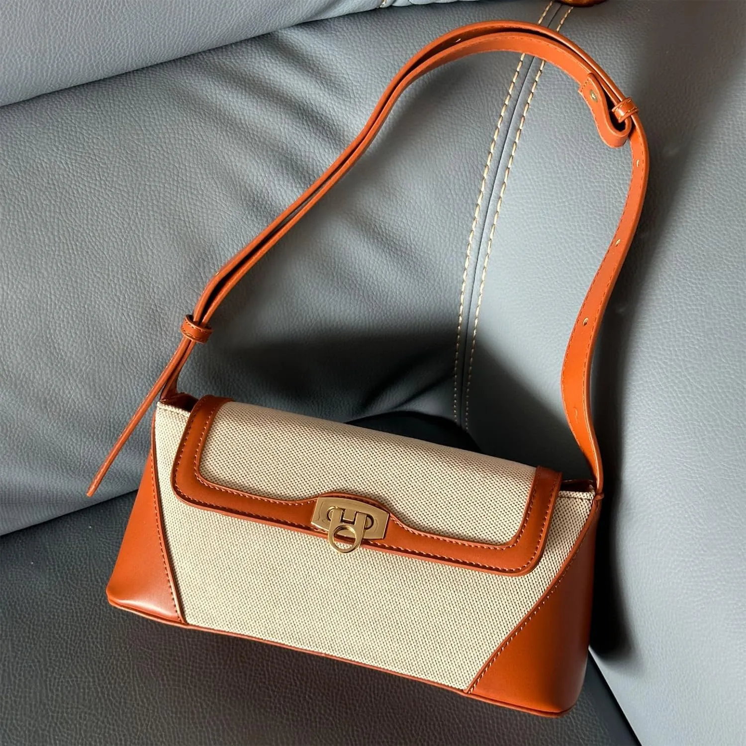 Retro Small Shoulder Bag for Women Genuine Leather Underarm Hobo Tote Handbag Clutch with Buckle Closure for Casual Use
