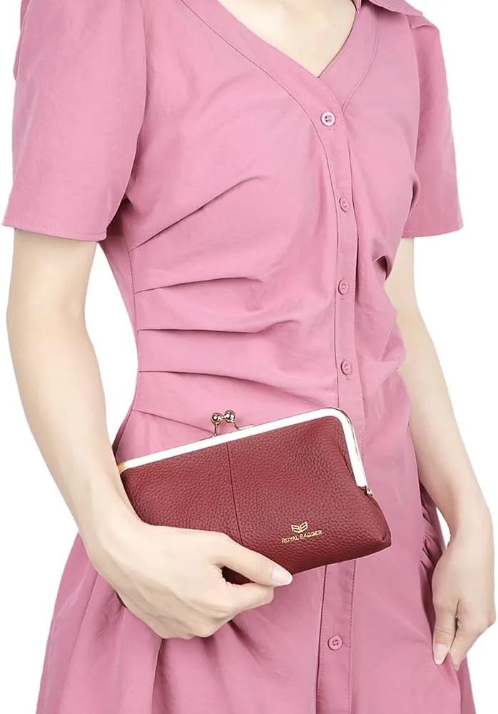 RFID Kiss Lock Wallet, Solid Color Multi-card Slots Card Holder, Genuine Leather Clutch Purses for Women 1468 (Pink)
