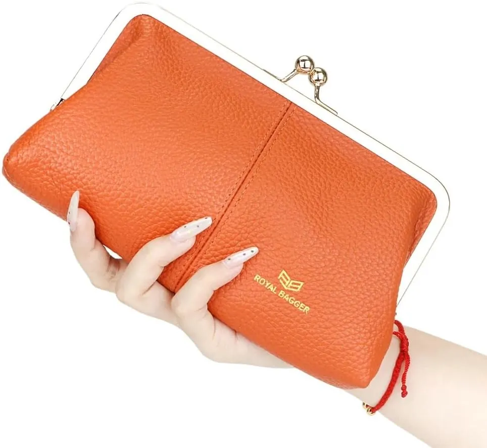 RFID Kiss Lock Wallet, Solid Color Multi-card Slots Card Holder, Genuine Leather Clutch Purses for Women 1468 (Pink)