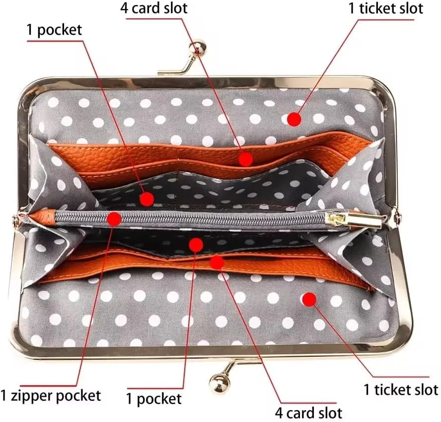 RFID Kiss Lock Wallet, Solid Color Multi-card Slots Card Holder, Genuine Leather Clutch Purses for Women 1468 (Pink)