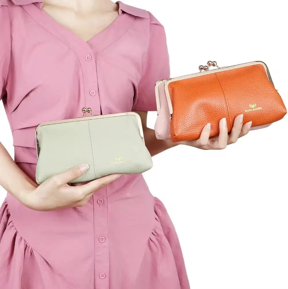 RFID Kiss Lock Wallet, Solid Color Multi-card Slots Card Holder, Genuine Leather Clutch Purses for Women 1468 (Pink)