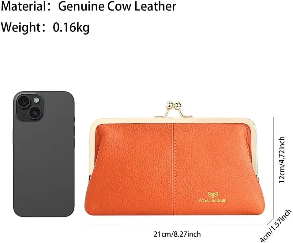 RFID Kiss Lock Wallet, Solid Color Multi-card Slots Card Holder, Genuine Leather Clutch Purses for Women 1468 (Pink)