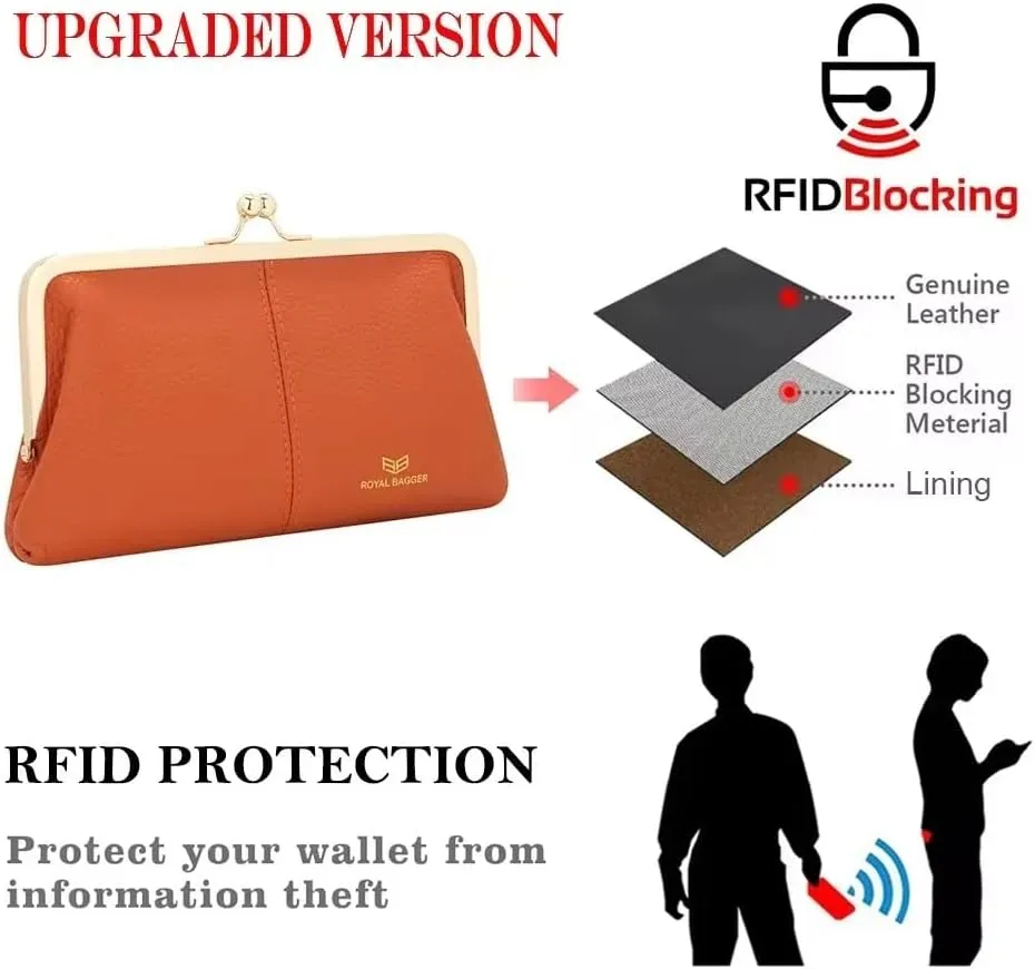 RFID Kiss Lock Wallet, Solid Color Multi-card Slots Card Holder, Genuine Leather Clutch Purses for Women 1468 (Pink)