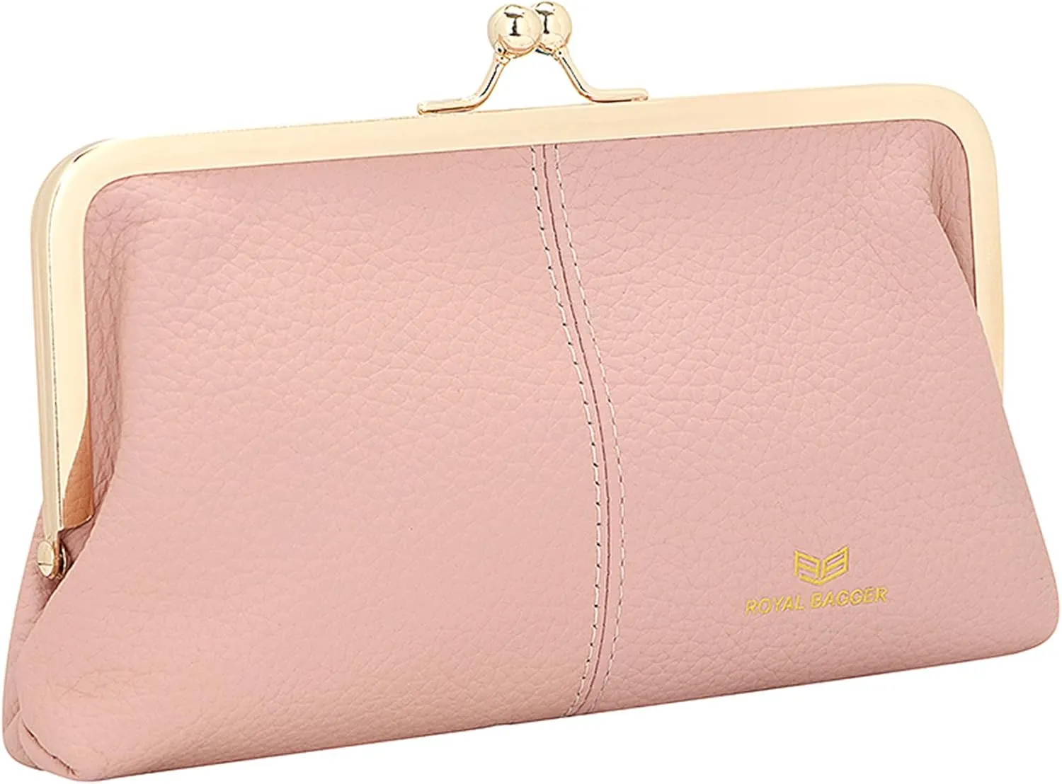 RFID Kiss Lock Wallet, Solid Color Multi-card Slots Card Holder, Genuine Leather Clutch Purses for Women 1468 (Pink)