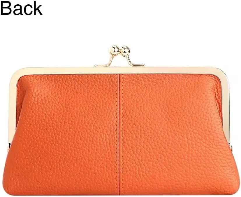 RFID Kiss Lock Wallet, Solid Color Multi-card Slots Card Holder, Genuine Leather Clutch Purses for Women 1468 (Pink)