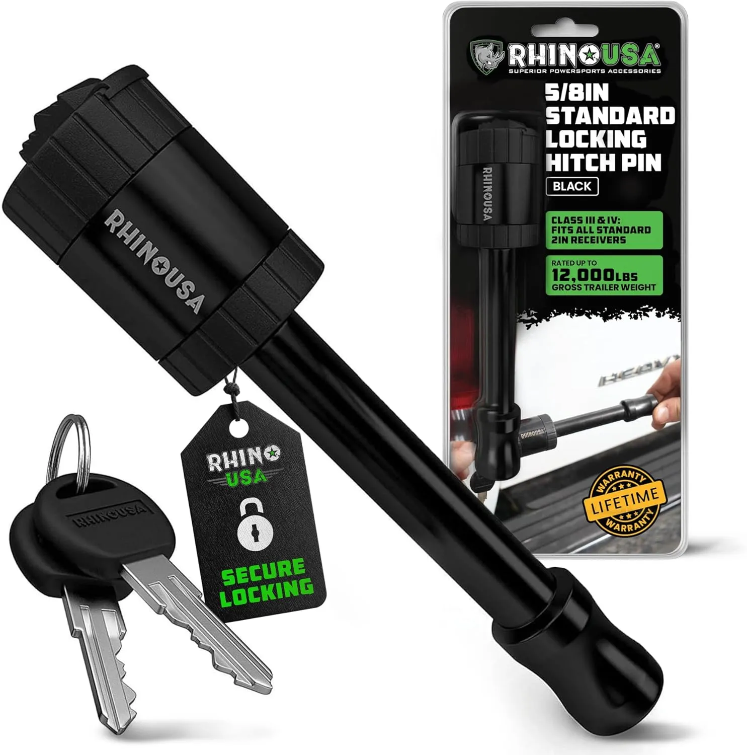 Rhino USA Trailer Hitch Pin (2 Inch) Patented 5/8" Locking Receiver Hitch Pins for Class III IV Hitches - Weatherproof Anti-Theft Lockable Pin with Debris Protection - Used to Tow Truck, etc - Black