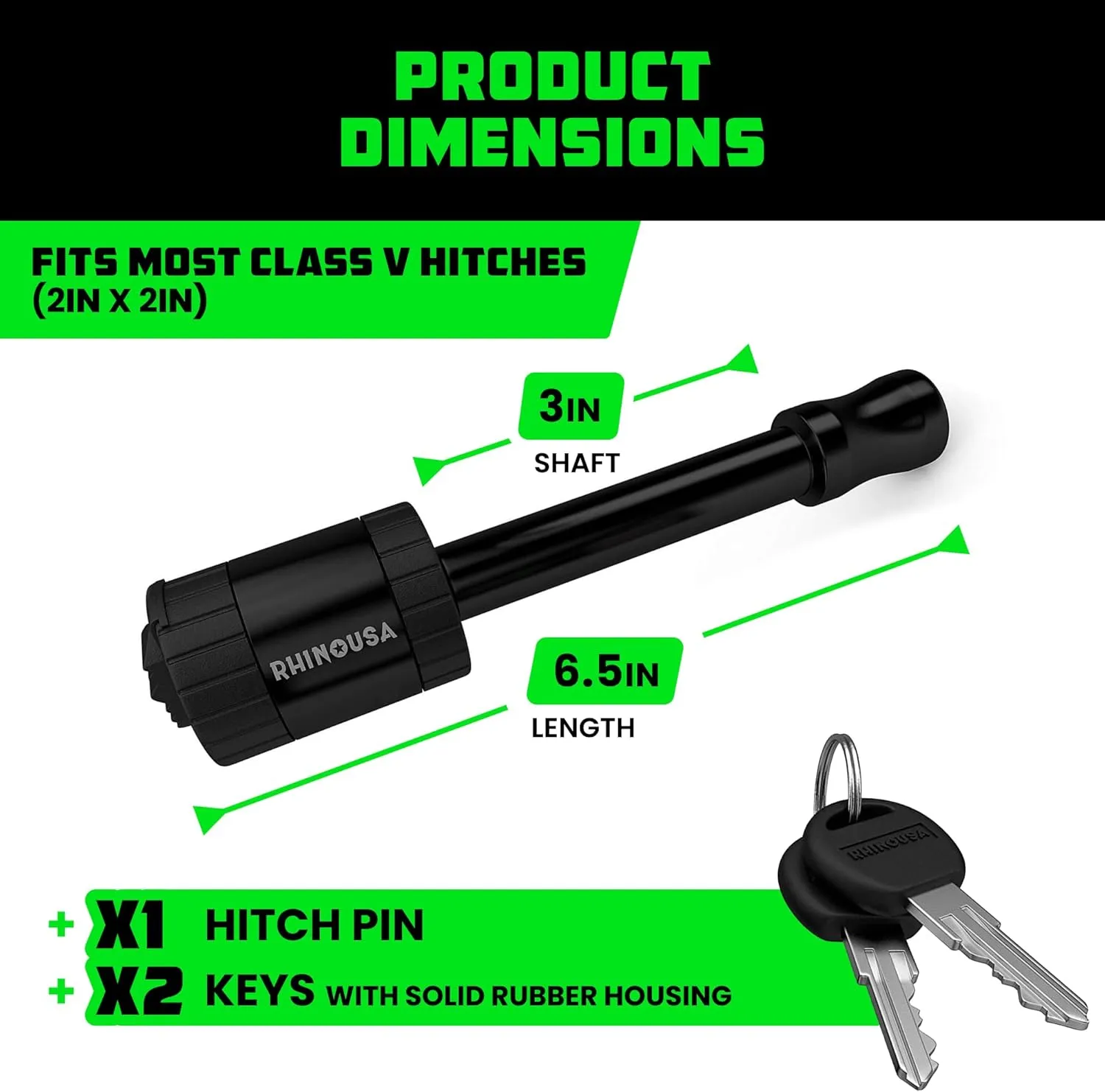 Rhino USA Trailer Hitch Pin (2 Inch) Patented 5/8" Locking Receiver Hitch Pins for Class III IV Hitches - Weatherproof Anti-Theft Lockable Pin with Debris Protection - Used to Tow Truck, etc - Black