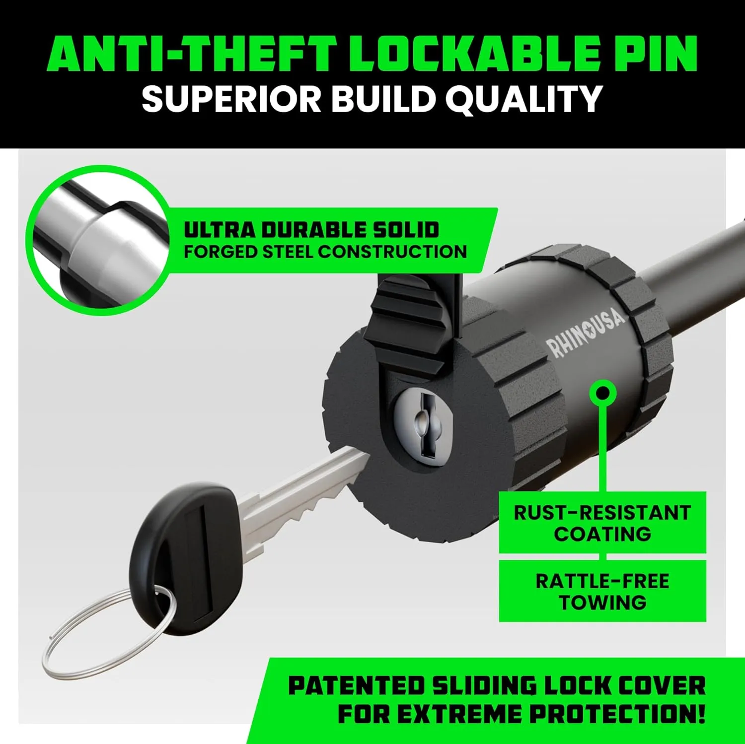 Rhino USA Trailer Hitch Pin (2 Inch) Patented 5/8" Locking Receiver Hitch Pins for Class III IV Hitches - Weatherproof Anti-Theft Lockable Pin with Debris Protection - Used to Tow Truck, etc - Black