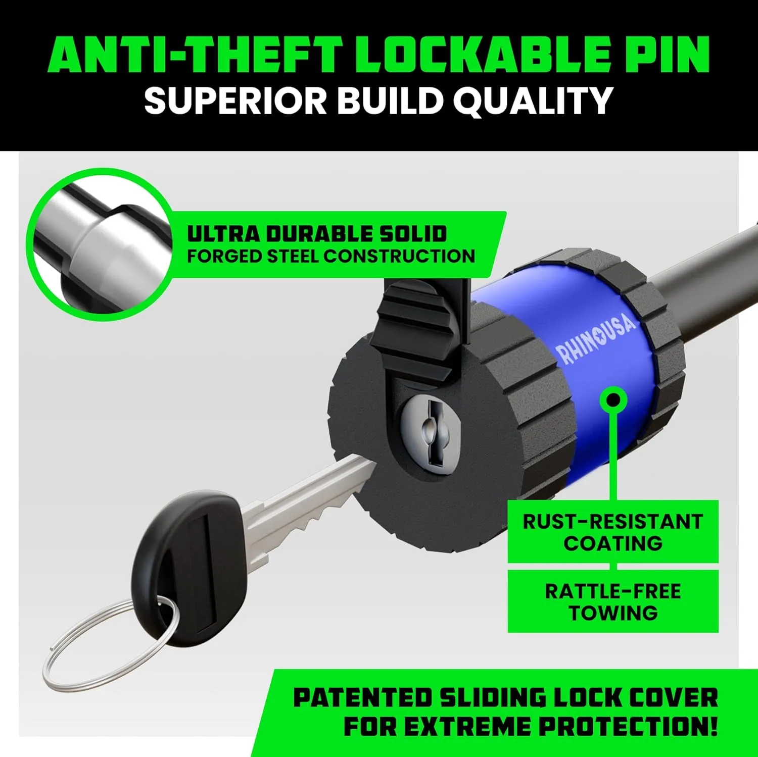 Rhino USA Trailer Hitch Pin (2 Inch) Patented 5/8" Locking Receiver Hitch Pins for Class III IV Hitches - Weatherproof Anti-Theft Lockable Pin with Debris Protection - Used to Tow Truck, etc - Blue