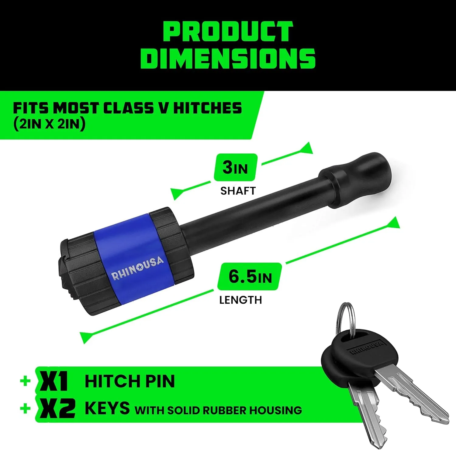 Rhino USA Trailer Hitch Pin (2 Inch) Patented 5/8" Locking Receiver Hitch Pins for Class III IV Hitches - Weatherproof Anti-Theft Lockable Pin with Debris Protection - Used to Tow Truck, etc - Blue