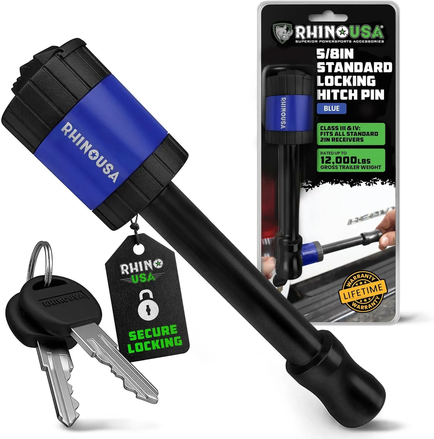Rhino USA Trailer Hitch Pin (2 Inch) Patented 5/8" Locking Receiver Hitch Pins for Class III IV Hitches - Weatherproof Anti-Theft Lockable Pin with Debris Protection - Used to Tow Truck, etc - Blue