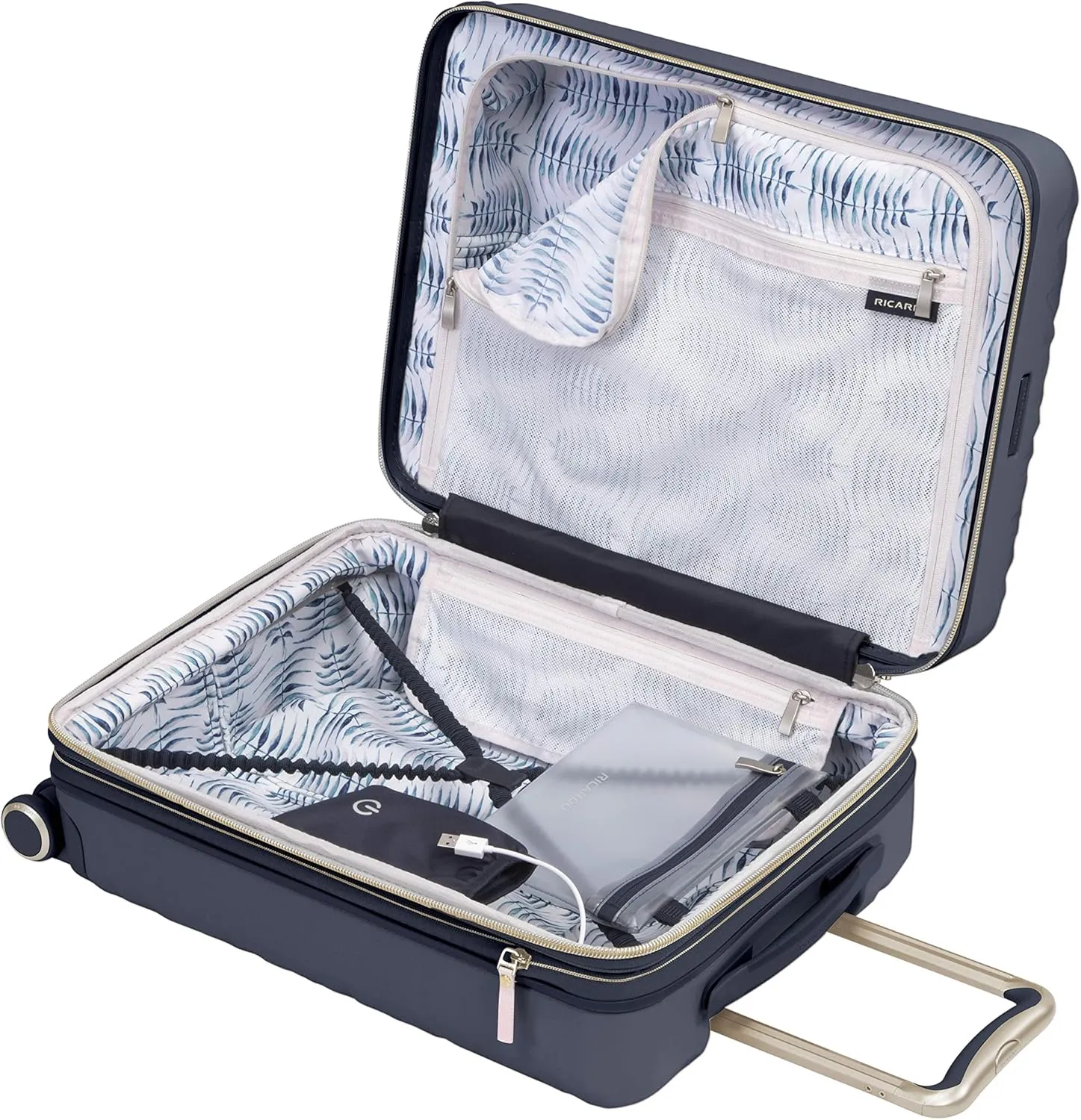 Ricardo Beverly Hills Indio Hardside Travel Luggage, Stylish and Durable, 4-Wheel Spinners with Comfort Grip Handle, Integrated USB Port And TSA-Friendly Toiletry Pouch, Navy Blue, Carry-On 20-Inch