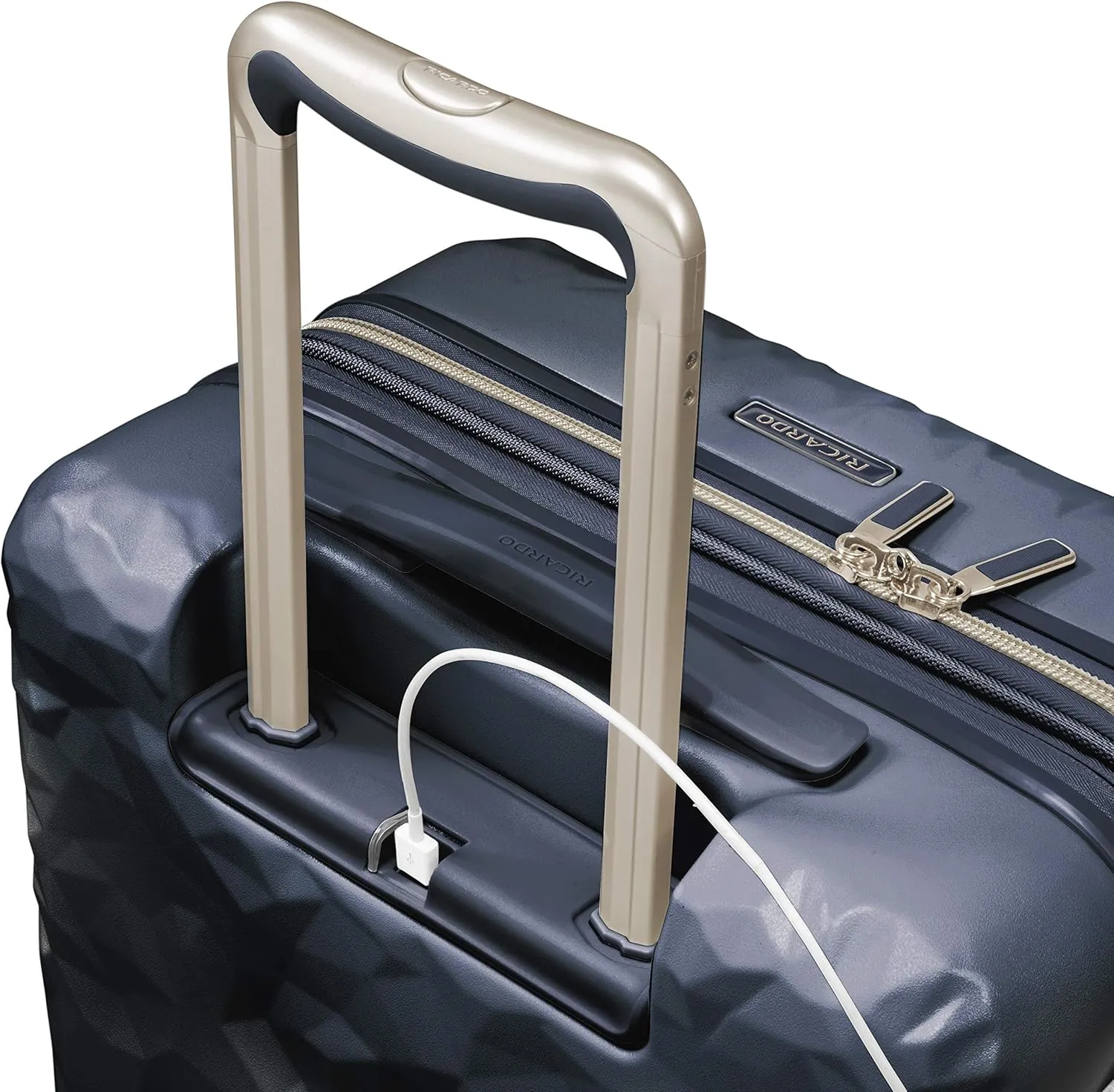 Ricardo Beverly Hills Indio Hardside Travel Luggage, Stylish and Durable, 4-Wheel Spinners with Comfort Grip Handle, Integrated USB Port And TSA-Friendly Toiletry Pouch, Navy Blue, Carry-On 20-Inch