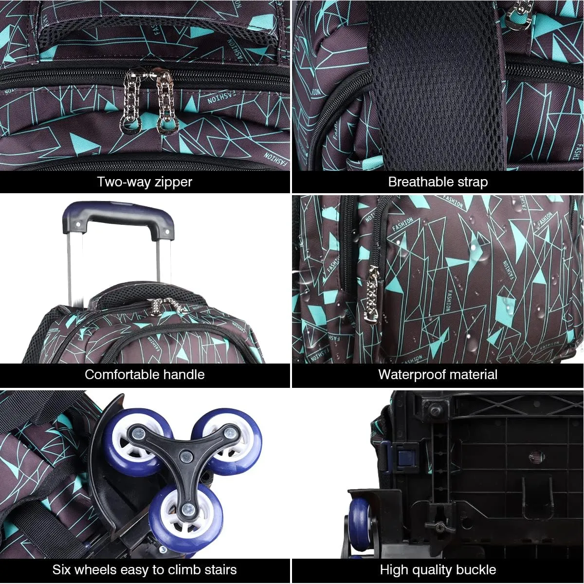 Rolling Backpack School Bag High-Capacity Backpack for Girl and Boy Rolling Trolley Bags Six Wheels Climbing Stairs (Black Blue Box)