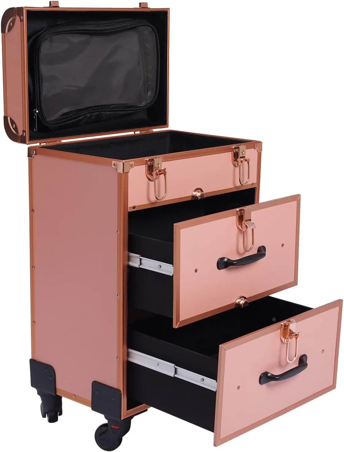 Rolling Makeup Case, Large Cosmetic Trolley w/ Locks, Makeup Bag w/ Dividers, Makeup Rolling Cosmetic Organizer Makeup Traveling Case Makeup Trolley, Cosmetics Storage Organizer Make up Case (Gold)