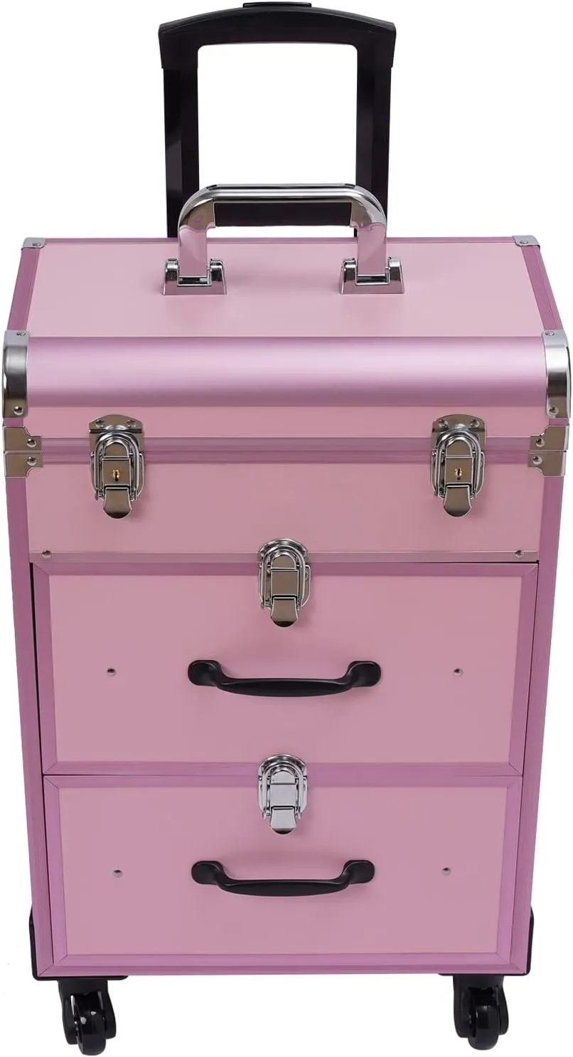 Rolling Makeup Case, Large Cosmetic Trolley w/ Locks, Makeup Bag w/ Dividers, Makeup Rolling Cosmetic Organizer Makeup Traveling Case Makeup Trolley, Cosmetics Storage Organizer Make up Case (Pink)