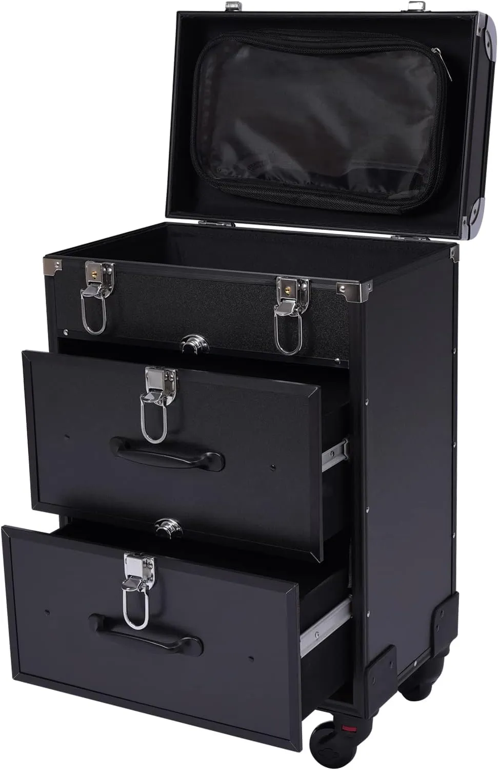Rolling Makeup Case, Large Cosmetic Trolley with Locks, Make up Bag with dividers, Cosmetics Storage Organizer for Nail Art and Hair Styling, Travel Makeup Jewelry Storage Organizer (Black)