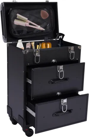 Rolling Makeup Case, Large Cosmetic Trolley with Locks, Make up Bag with dividers, Cosmetics Storage Organizer for Nail Art and Hair Styling, Travel Makeup Jewelry Storage Organizer (Black)