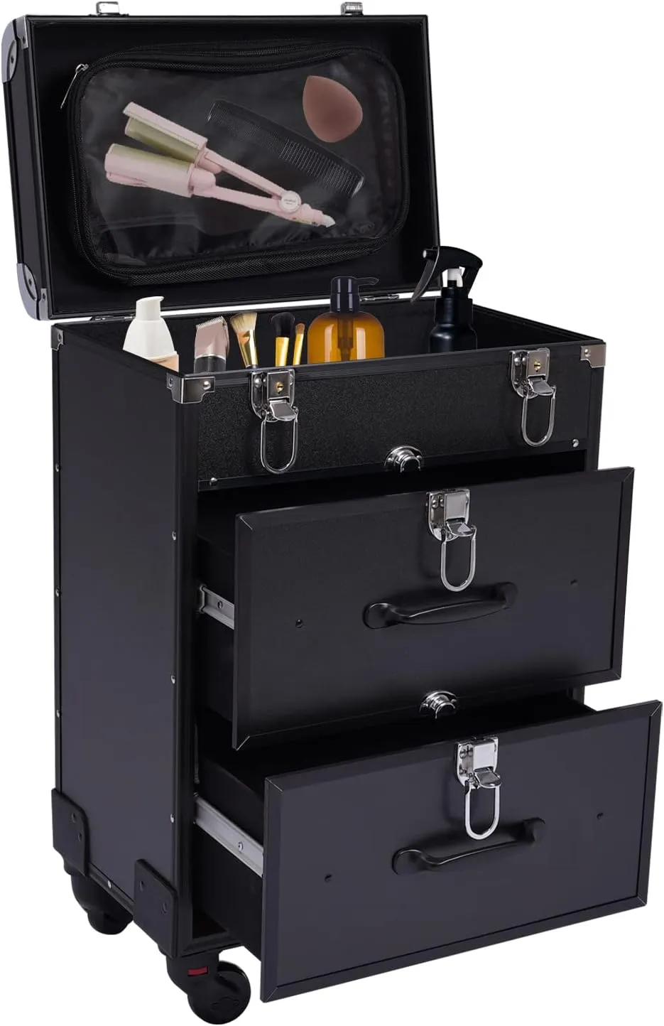 Rolling Makeup Case, Large Cosmetic Trolley with Locks, Make up Bag with dividers, Cosmetics Storage Organizer for Nail Art and Hair Styling, Travel Makeup Jewelry Storage Organizer (Black)