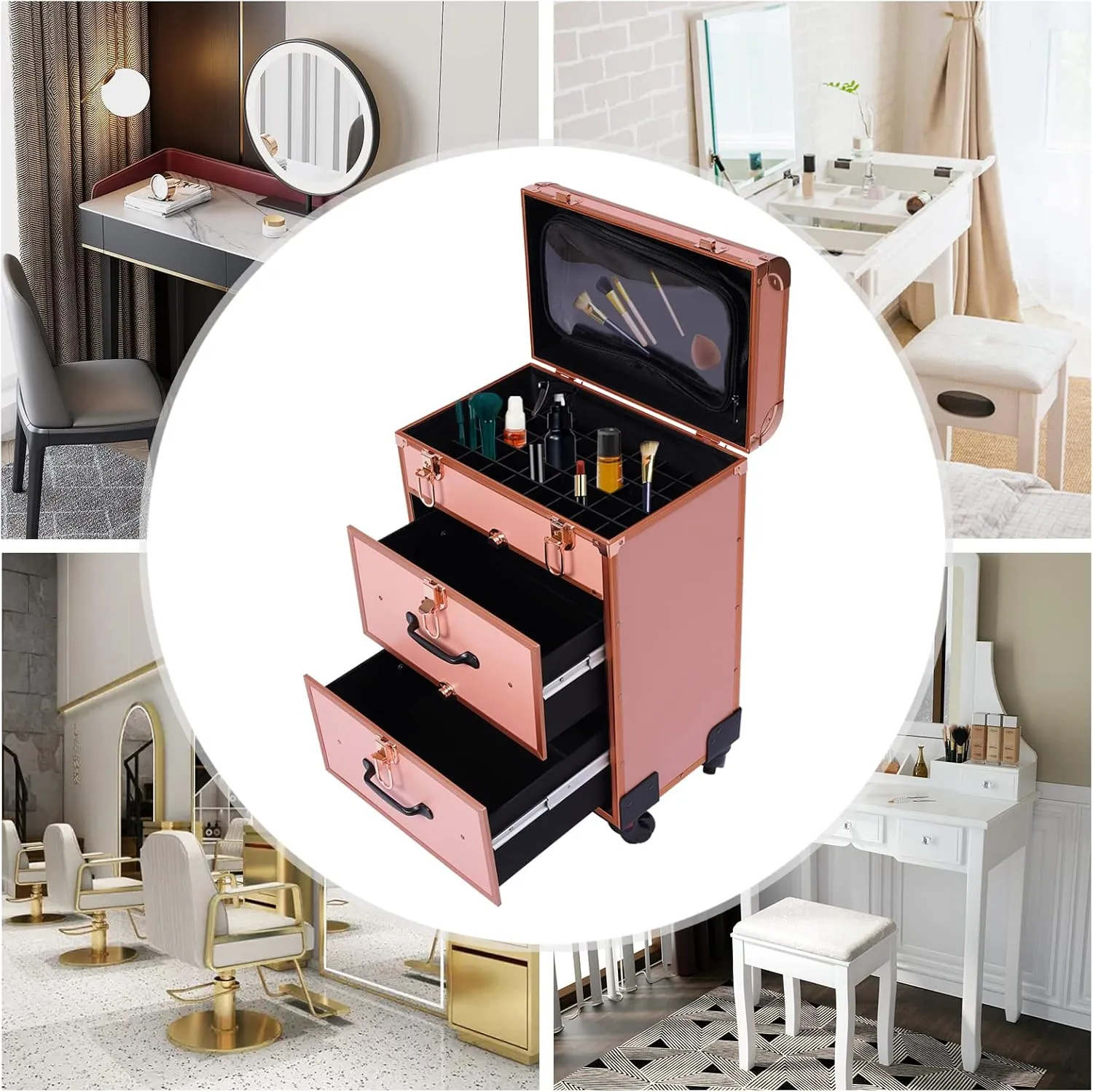 Rolling Makeup Case Large Cosmetic Trolley with Locks Make up Bag with Dividers Cosmetics Storage Organizer Professional Makeup Trolley for Make-Up Artists, Hairdressers, Nail Technicians Style2 Gold