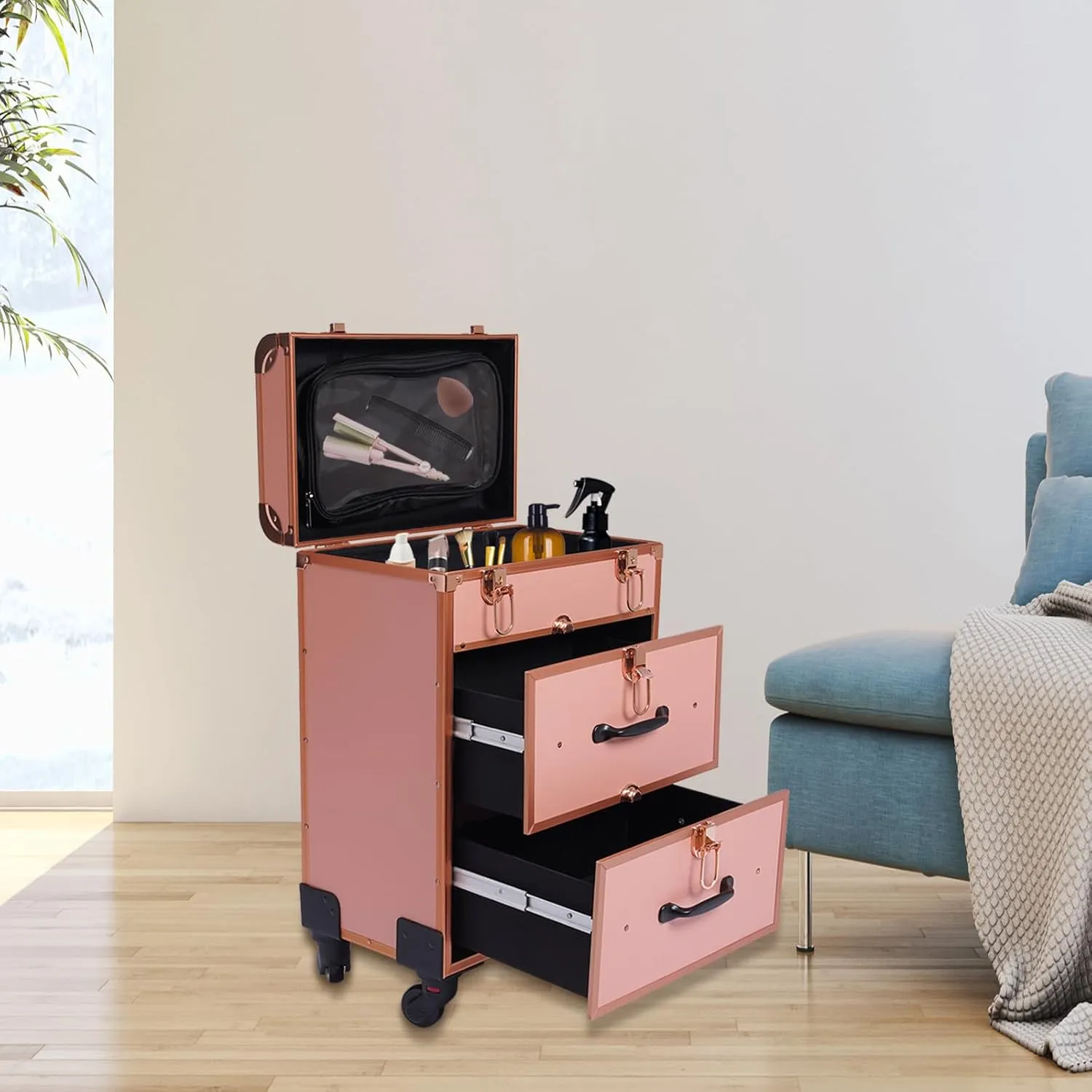Rolling Makeup Case Large Cosmetic Trolley with Locks Make up Bag with Dividers Cosmetics Storage Organizer Professional Makeup Trolley for Make-Up Artists, Hairdressers, Nail Technicians Style2 Gold