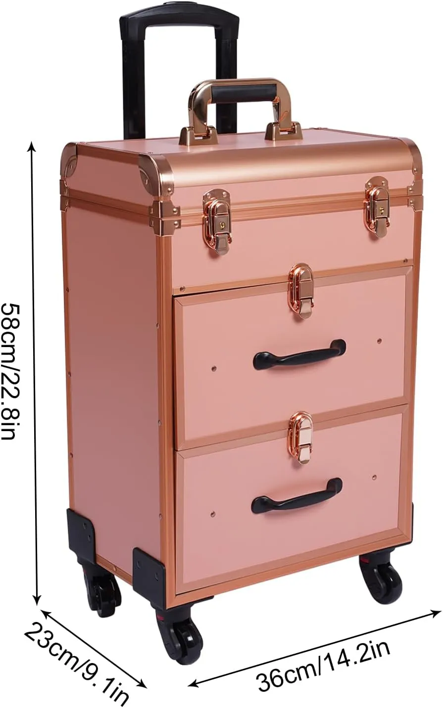 Rolling Makeup Case Large Cosmetic Trolley with Locks Make up Bag with Dividers Cosmetics Storage Organizer Professional Makeup Trolley for Make-Up Artists, Hairdressers, Nail Technicians Style2 Gold