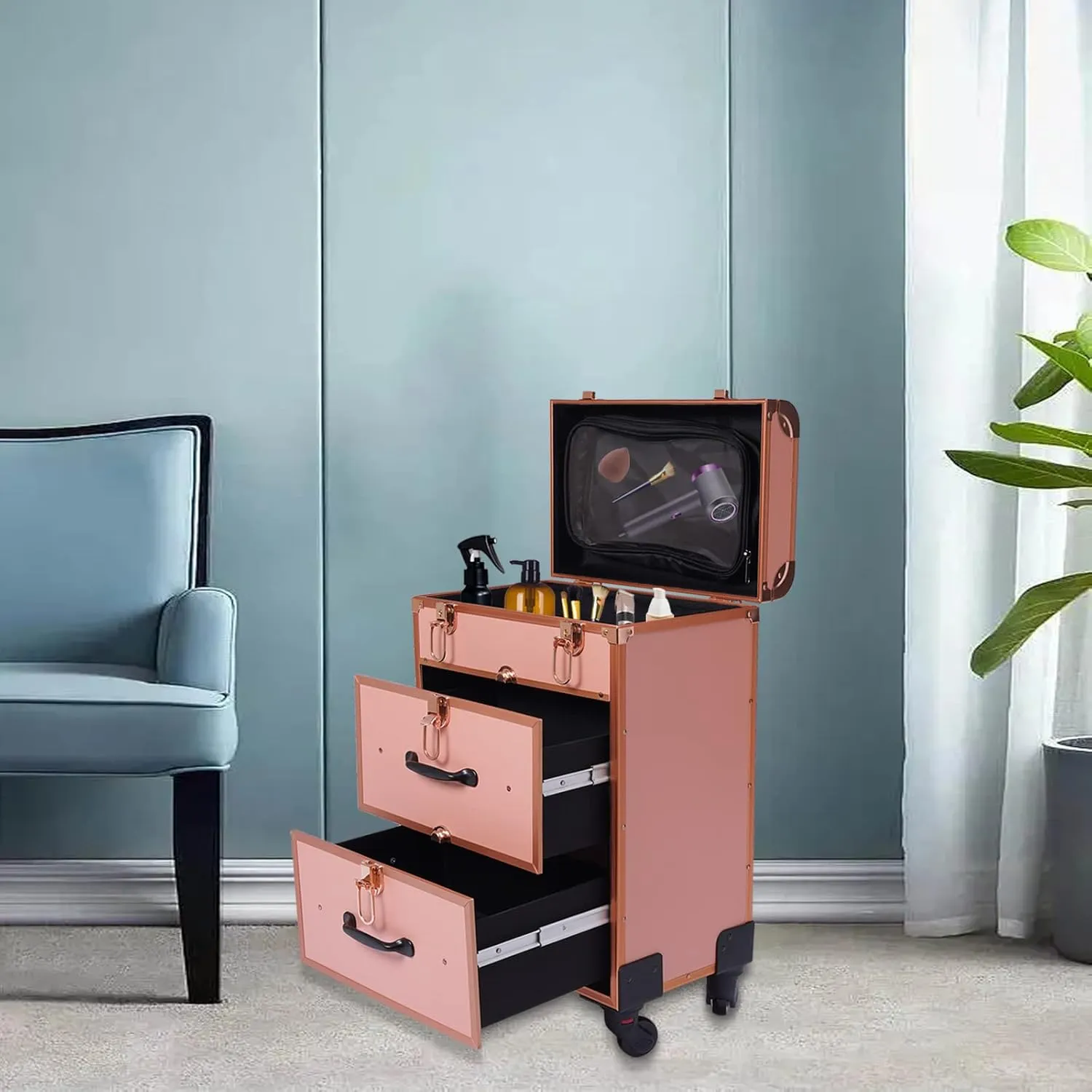 Rolling Makeup Case, Large Cosmetic Trolley with Locks, Professional Rolling Makeup Trolley with Dividers, Large Storage for Make-Up Artists, Nail Technicians, Beauticians (Gold)