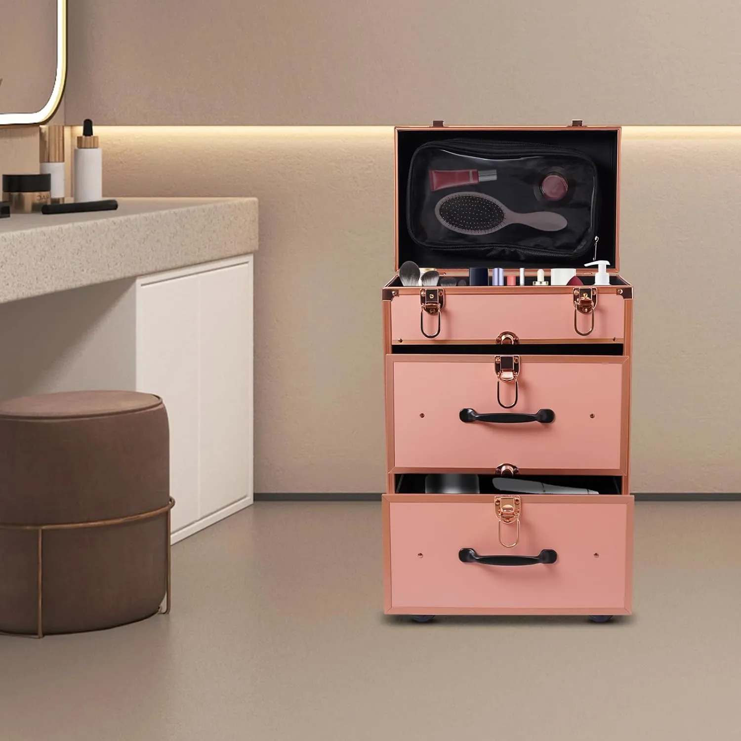 Rolling Makeup Case, Large Cosmetic Trolley with Locks, Professional Rolling Makeup Trolley with Dividers, Large Storage for Make-Up Artists, Nail Technicians, Beauticians (Gold)