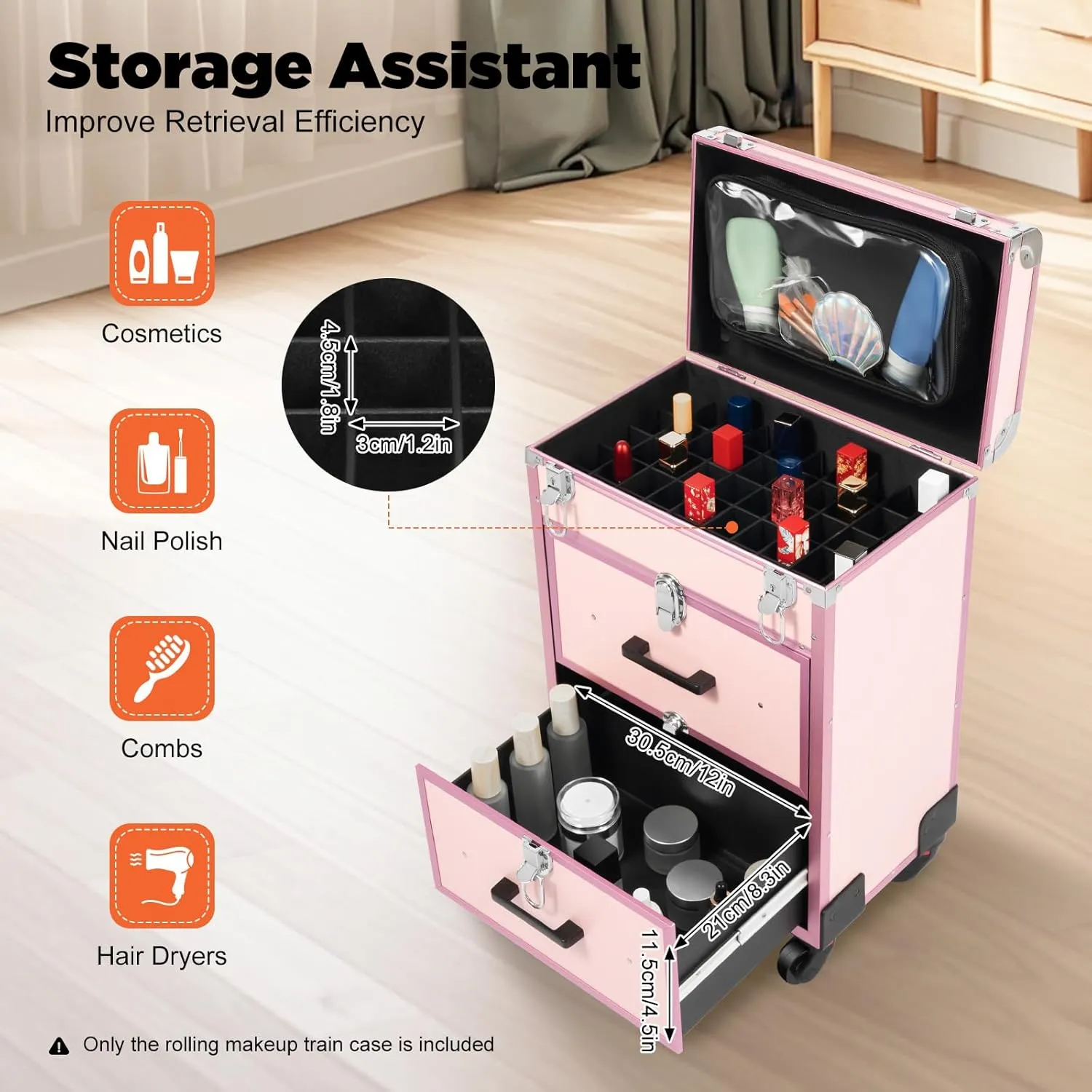 Rolling Makeup Train Case, Professional Cosmetics Storage Organizer with Drawers and Locks, Portable Makeup Case on Wheels, Large Cosmetic Trolley for Hairdresser, Makeup Artist(Pink)