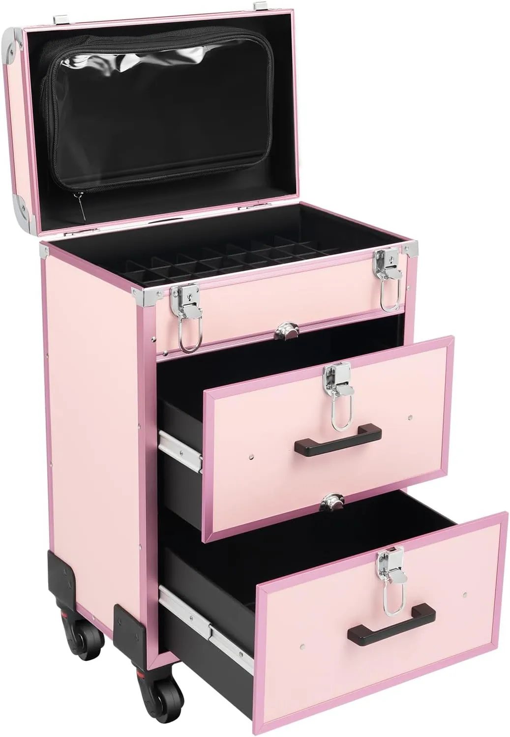 Rolling Makeup Train Case, Professional Cosmetics Storage Organizer with Drawers and Locks, Portable Makeup Case on Wheels, Large Cosmetic Trolley for Hairdresser, Makeup Artist(Pink)