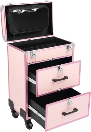 Rolling Makeup Train Case, Professional Cosmetics Storage Organizer with Drawers and Locks, Portable Makeup Case on Wheels, Large Cosmetic Trolley for Hairdresser, Makeup Artist(Pink)