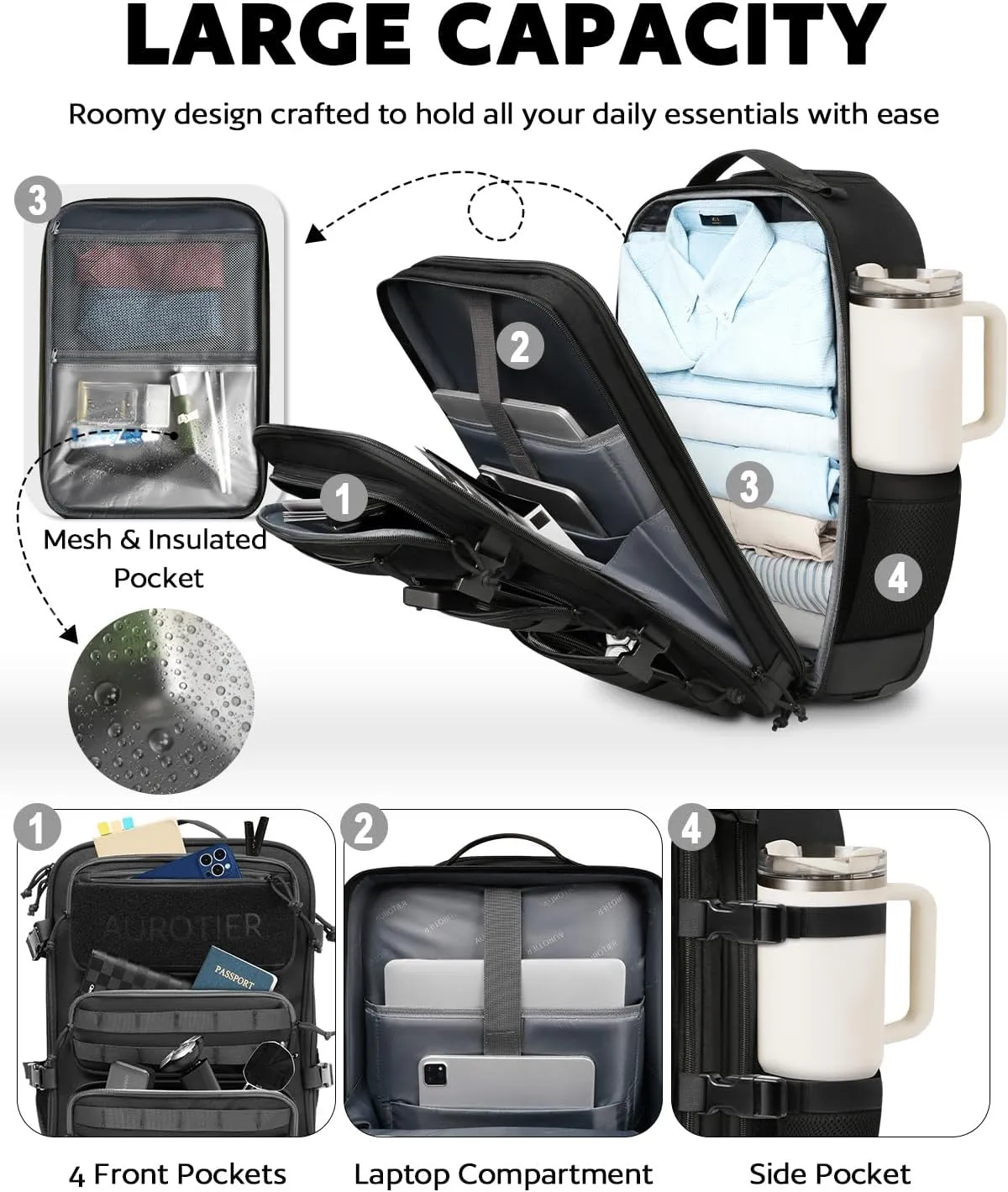 Rolling Tactical Laptop Backpack, 17 Inch Wheeled Military Computer Backpack for Men and Women, Roller Carry on Luggage for Work Travel, Overnight Molle Outdoor Hiking Bag with Wheels, Black
