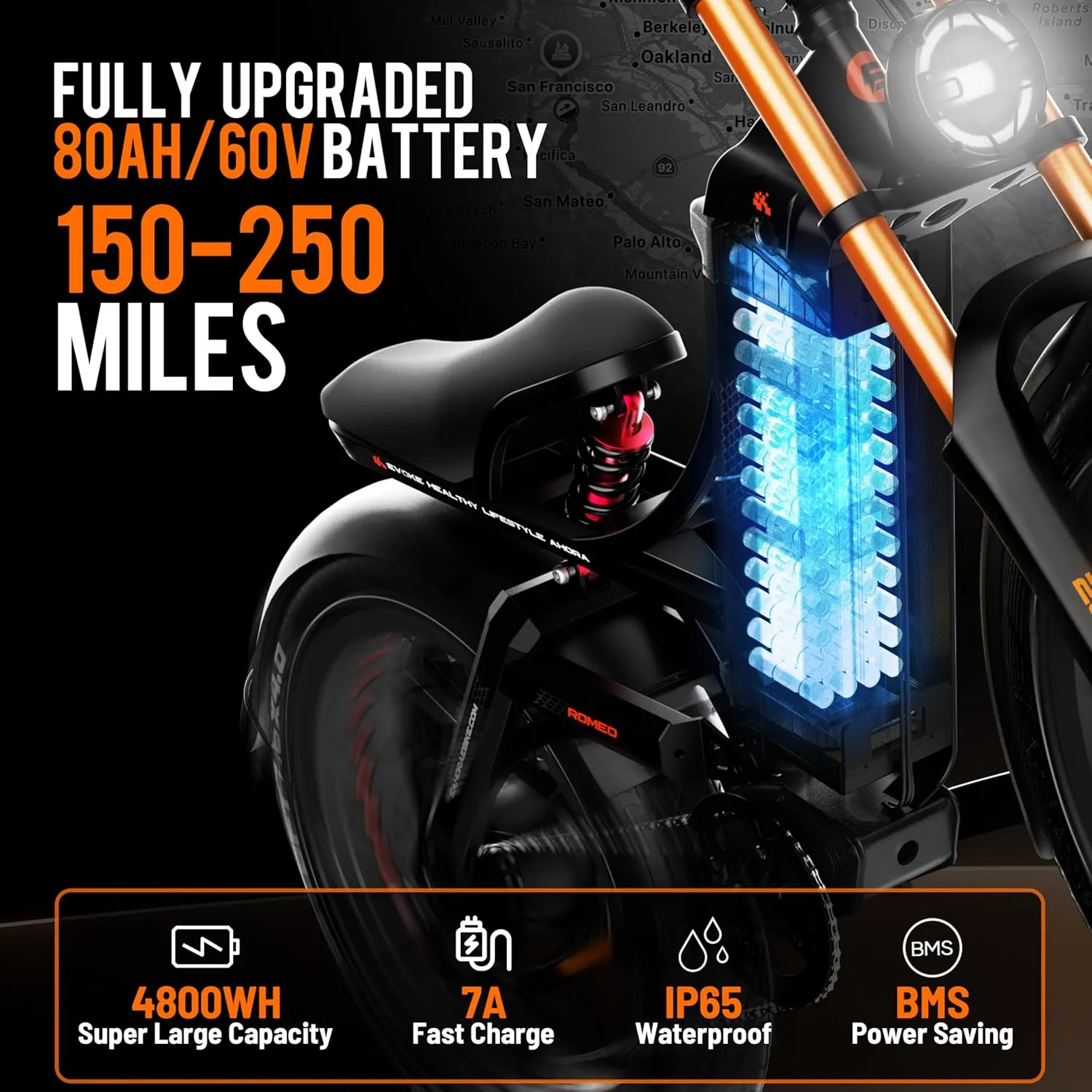 Romeo Pro-Ⅲ 50MPH Electirc Bike - [2025 Latest] 5000W Dual Motor 60V 80AH 250Miles Long Range Ebike for Adults, Air Full Suspension Electric Mountain Bike, 26" Fat Tire Off-Road E-Bicycle, UL2849