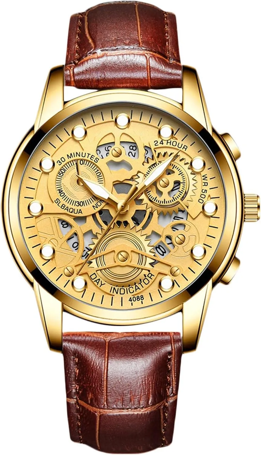 RORIOS Mens Watches Luminous Wristwatches Analog Quartz Watches with Leather Strap Calendar Watches Fashion Dress Watch for Men