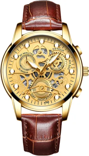 RORIOS Mens Watches Luminous Wristwatches Analog Quartz Watches with Leather Strap Calendar Watches Fashion Dress Watch for Men