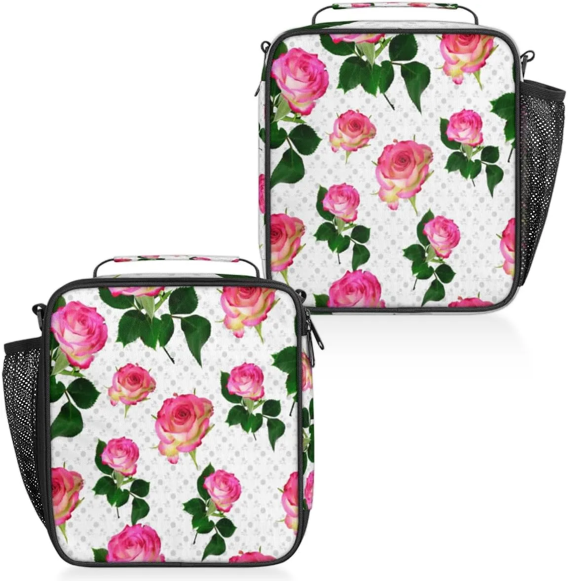 Rose Flower Insulated Lunch Bag Reusable Waterproofing Lunch Box with Shoulder Strap Handle and Water Bottle Net Bag for Travel Camping Beach Picnic