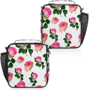Rose Flower Insulated Lunch Bag Reusable Waterproofing Lunch Box with Shoulder Strap Handle and Water Bottle Net Bag for Travel Camping Beach Picnic
