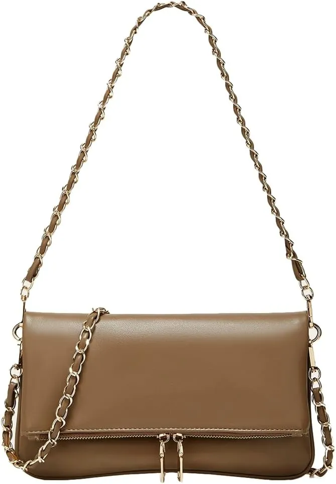 Rungion Fold-Over Clutch Purses for Women Small Vegan Leather Crossbody Shoulder Bag with Chain Evening Wristlet Satchels
