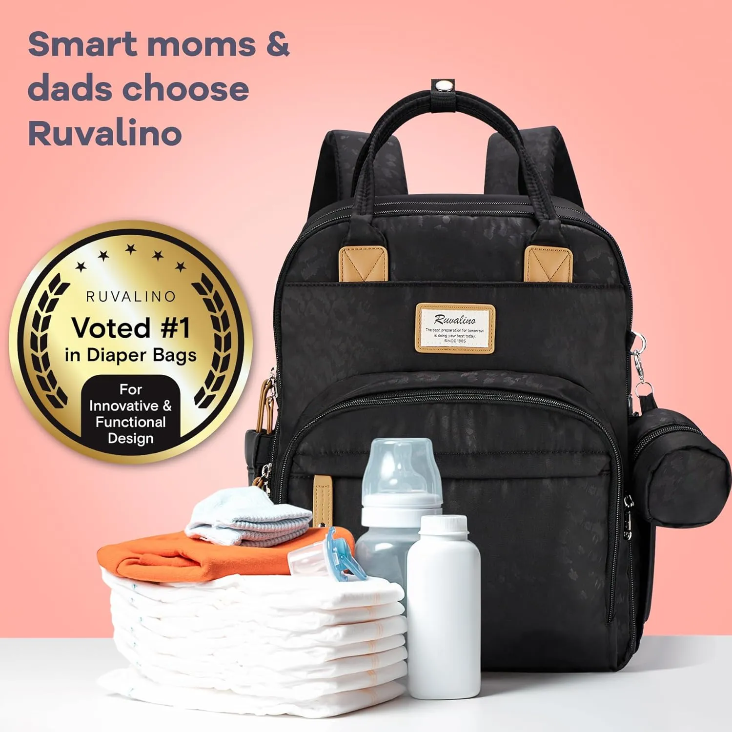 RUVALINO Diaper Bag Backpack-Multifunction Baby Travel Bag with Changing pad, Insulated Bottle Holders & Pacifier Case, Large Capacity, Waterproof, Black Leopard