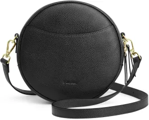 S-ZONE Leather Crossbody Bags for Women Vintage Circle Shoulder Purse Trendy Round Handbag with Adjustable Strap